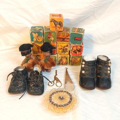 Sale Photo Thumbnail #74: Vintage Wood Letter Blocks, Vintage Baby Shoes, Vintage Dolls, Vintage Kids Shoe horn 