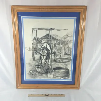 Sale Photo Thumbnail #44: Charcoal Drawing of Horse Drawn Tartana Signed 28.5"×11"
