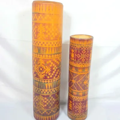 Sale Photo Thumbnail #54: Two Cylindrical 70s Hand Carved and Polychrome Dyed Bamboo Containers From The Phillipines