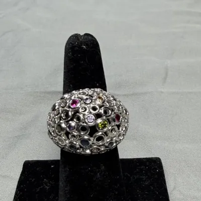 Silver Tone Dome Ring Multi-Color Stones Size 7