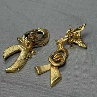 1990s Avon Breast Cancer Awareness Ribbon Pin – Gold & Pink with Rose Design