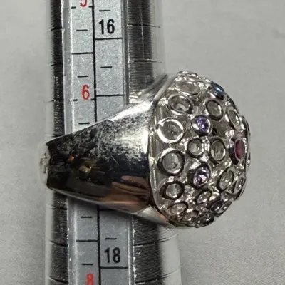 Silver Tone Dome Ring Multi-Color Stones Size 7
