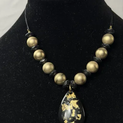 Black Gold Beaded Necklace Teardrop Pendant