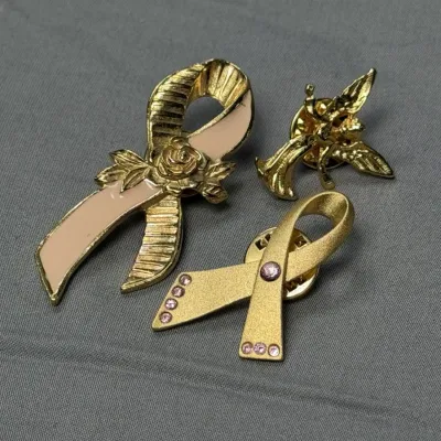 1990s Avon Breast Cancer Awareness Ribbon Pin – Gold & Pink with Rose Design