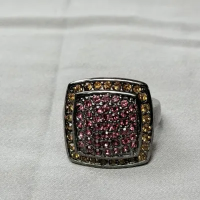 Dark silver tone fashion ring pink and yellow crystals in a pave setting
