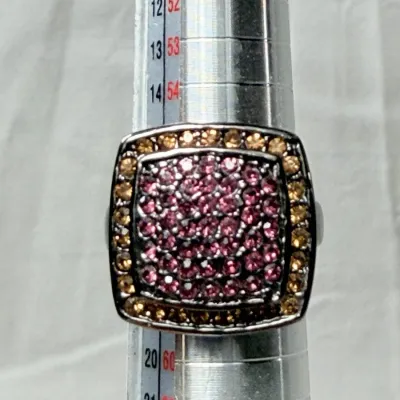 Dark silver tone fashion ring pink and yellow crystals in a pave setting