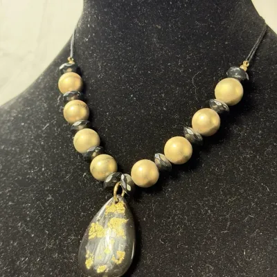 Black Gold Beaded Necklace Teardrop Pendant