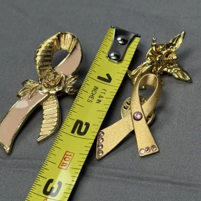 1990s Avon Breast Cancer Awareness Ribbon Pin – Gold & Pink with Rose Design