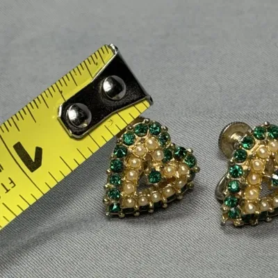 Vintage Gold Tone Green Rhinestone Pearl Heart Screw Back Earrings