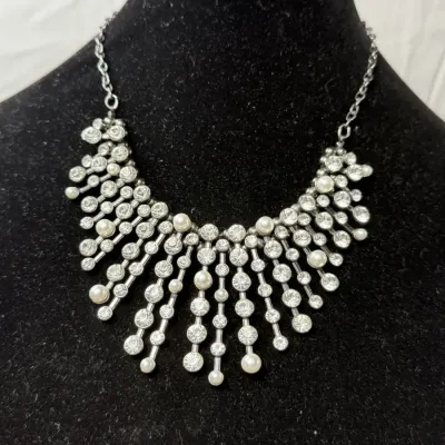 Sparkly Silver Tone Rhinestone Pearl Statement Necklace