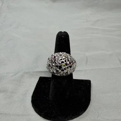 Silver Tone Dome Ring Multi-Color Stones Size 7