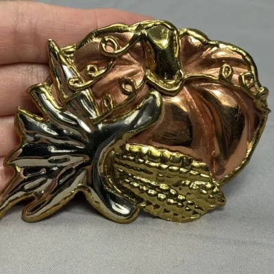 Vintage Fall Harvest Brooch Pin Multi-Color Metal Pumpkin Leaf Corn