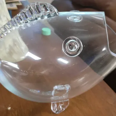 Sale Photo Thumbnail #38: Novelty clear glass fish-shaped bowl or vase featuring textured fins and tail with an open mouth detail.
