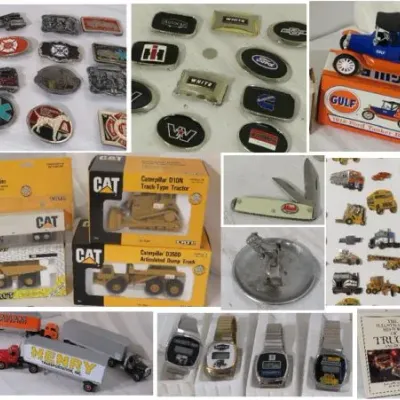 Collage of vintage automotive collectibles including belt buckles with truck brand logos, die-cast toy trucks in boxes, Mack truck...