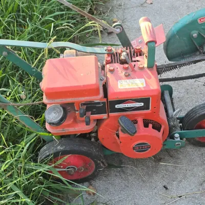 Sale Photo Thumbnail #90: Vintage gas-powered lawn edger featuring a 3 HP Briggs & Stratton engine and a red and teal metal frame.
