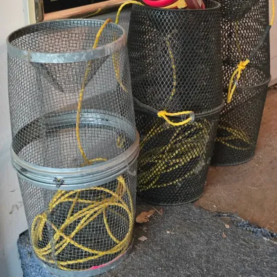 Sale Photo Thumbnail #40: Set of three wire and plastic mesh minnow traps with yellow rope tether lines.