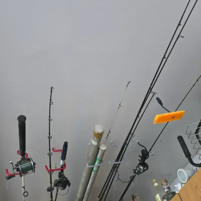 Sale Photo Thumbnail #53: Assortment of fishing rods and reels stored in wall-mounted racks alongside rod cases.
