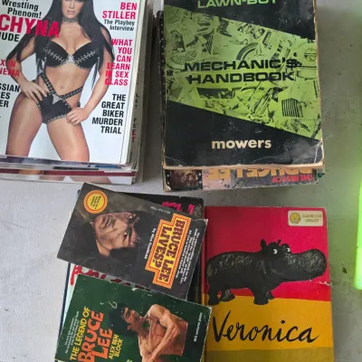 Sale Photo Thumbnail #6: Selection of vintage magazines and paperbacks, including a November 2000 Playboy featuring Chyna, a Lawn-Boy mower mechanic's handbook, Bruce Lee biographies, and Roger Duvoisin's "Veronica".