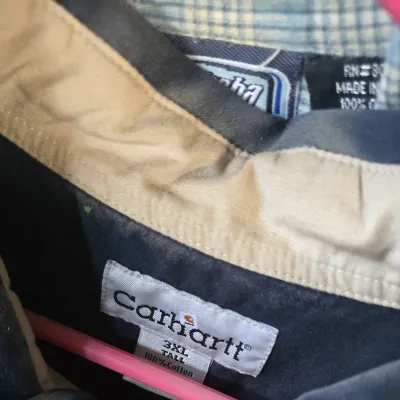 Sale Photo Thumbnail #29: Close-up view of the collar tag on a men's Carhartt button-up shirt in size 3XL Tall.