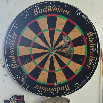 Sale Photo Thumbnail #85: Vintage Budweiser bristle dartboard with metal wire numbering, featuring embedded darts and age-related wear.
