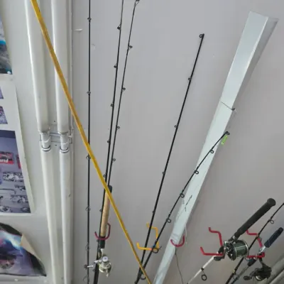 Sale Photo Thumbnail #54: Collection of modern fishing rods and reels stored horizontally in ceiling-mounted storage racks.