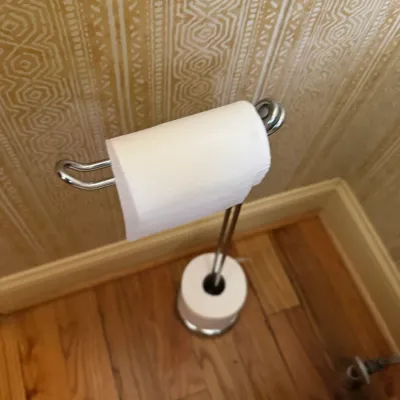 Freestanding chrome toilet paper holder with storage base, holding two rolls of paper.