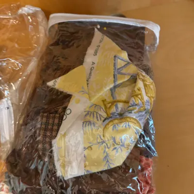 Assorted fabric scraps and quilting remnants, including a 1985 printed fabric piece, stored in a clear zippered bag.
