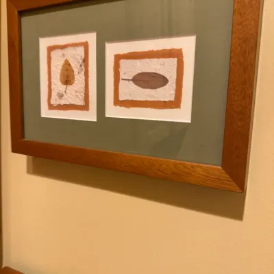 Framed botanical specimen artwork featuring pressed leaves on handmade paper, set in a double-matted wooden frame.