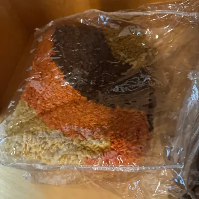 Vintage 1970s multi-color shag rug or pillow cover sealed in a plastic protective bag, featuring bands of brown, orange, and tan yarn.