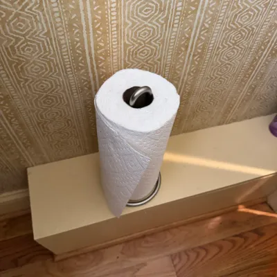 Freestanding stainless steel paper towel holder with a loop handle, holding a roll of paper towels.