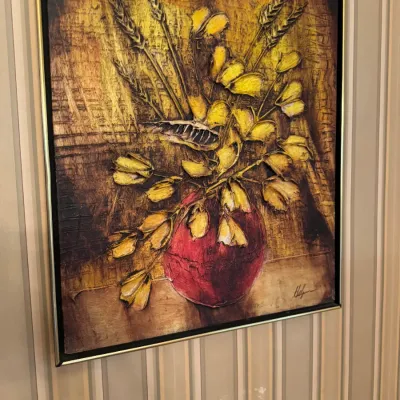 Vintage mid-century textured impasto floral still life painting featuring wheat stalks and yellow flowers in a red vase, framed in thin...