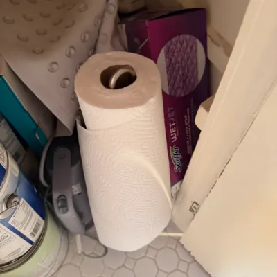 Collection of household utility items stored in a cabinet, including a roll of paper towels, Swiffer WetJet refills, paint cans, and a...