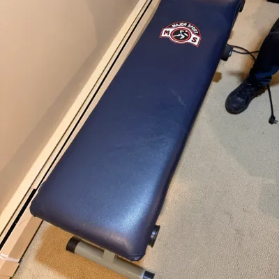 Major Sport padded navy vinyl exercise bench with a gray steel frame.