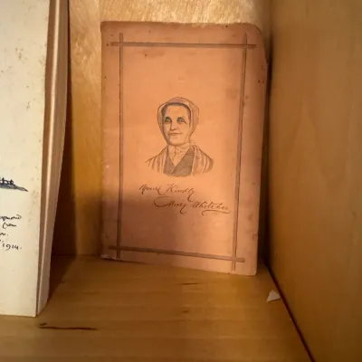 Antique Shaker pamphlet featuring a portrait illustration and facsimile signature of Mary Whitcher, showing age-appropriate toning and wear.