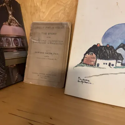 Collection of vintage books including 'The Story of the English Jacobins' by Edward Smith, displayed on a wooden shelf.