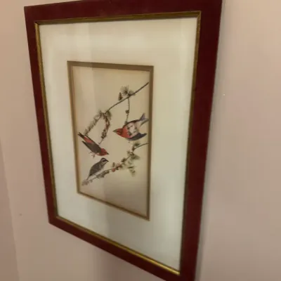 Framed botanical bird illustration depicting songbirds on pine branches, presented in a red and gold double frame with a white mat.