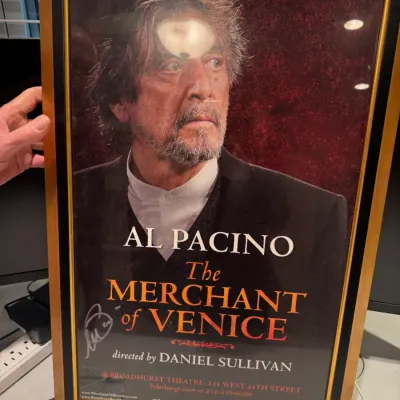 Framed Broadway poster for 'The Merchant of Venice' starring Al Pacino at the Broadhurst Theatre, featuring a signature on the...