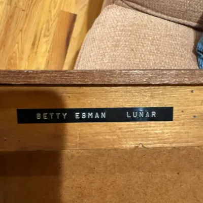 Detail shot of an artist label reading 'Betty Esman Lunar' affixed to a framed artwork.