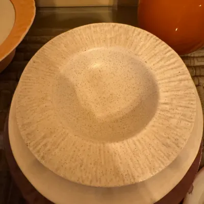 Vintage ceramic speckled wide-brim soup bowl, featuring a textured radial pattern around the rim.