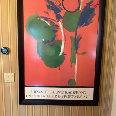 Framed exhibition poster for The Samuel B. & David Rose Building at Lincoln Center for the Performing Arts, featuring abstract...