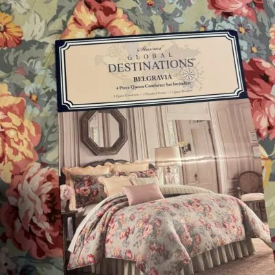 Stavros Global Destinations 'Belgravia' four-piece queen comforter set featuring a vintage-style floral pattern, shown with its...