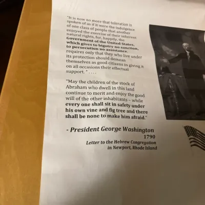 Printed poster featuring George Washington's 1790 letter to the Hebrew Congregation in Newport, Rhode Island, with an accompanying...