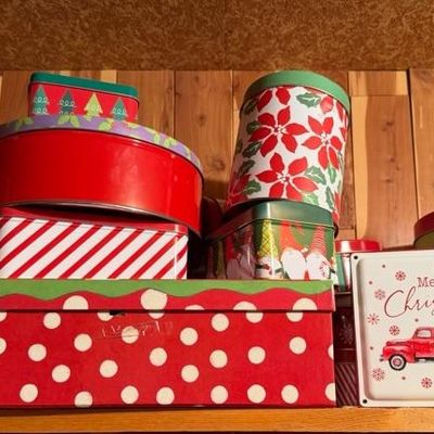 Holiday tins, boxes, wrapping paper etc.