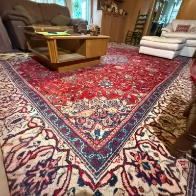 Sale Photo Thumbnail #278: Large Persian-style area rug featuring a vibrant red field, intricate floral patterns, and a detailed ivory and blue border.