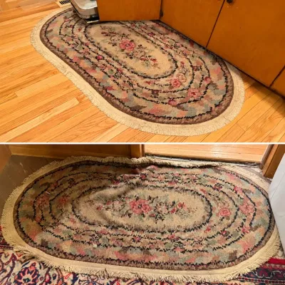 Sale Photo Thumbnail #499: Oval vintage floral area rug with fringe trim, shown in two views.