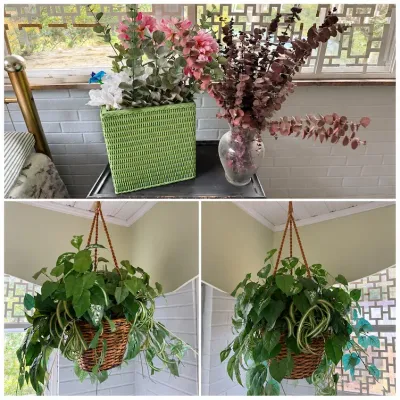 Sale Photo Thumbnail #176: Collection of artificial floral arrangements including a lime green wicker basket filled with faux dahlias and eucalyptus, a clear glass vase with dried reddish eucalyptus, and a macramé hanging basket with mixed faux greenery.