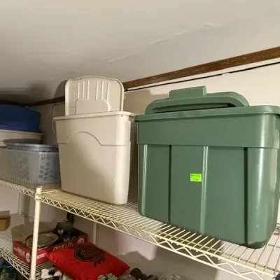 Sale Photo Thumbnail #385: Assorted heavy-duty plastic storage totes and bins sitting on white wire shelving.