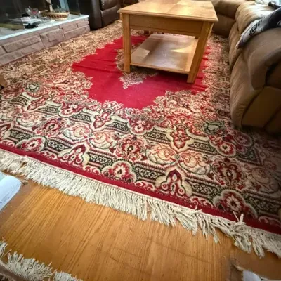 Sale Photo Thumbnail #48: Large Persian-style area rug featuring a vibrant red field, intricate floral borders, and white fringe trim.
