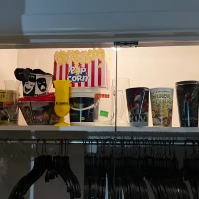 Sale Photo Thumbnail #350: Collection of souvenir plastic drinking cups, popcorn tubs, and glass steins displayed on a closet shelf.