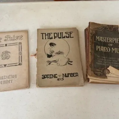 Sale Photo Thumbnail #246: Trio of antique music and literature booklets, including two issues of "The Pulse" from 1915 and a worn copy of "Masterpieces of Piano Music".